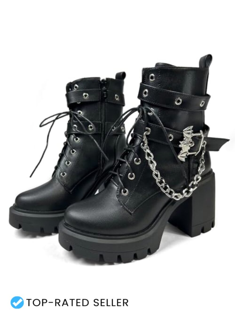 Gothic Platform Combat Ankle Boots with Chain and Chunky Heel
